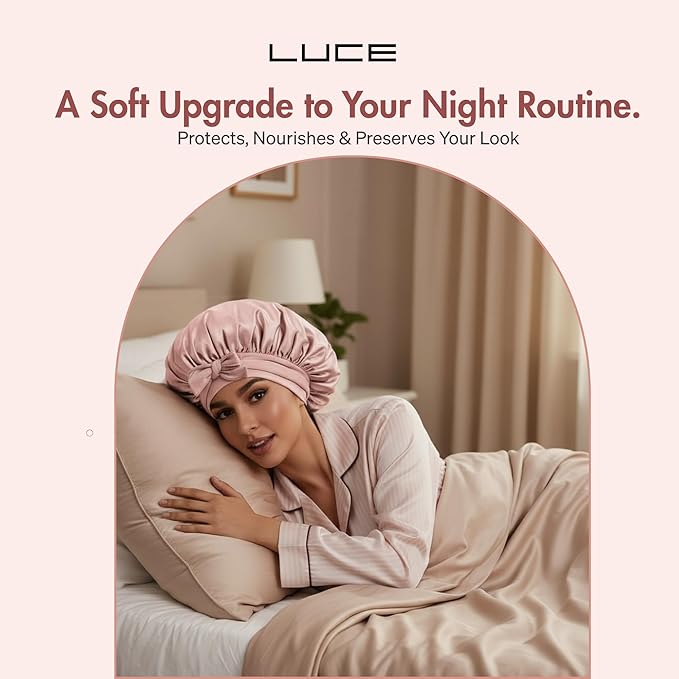LUCE Satin Bonnet for Sleeping – Adjustable Double Layer Hair Cap for Women, Prevents Frizz & Breakage, Comfortable Night Cap