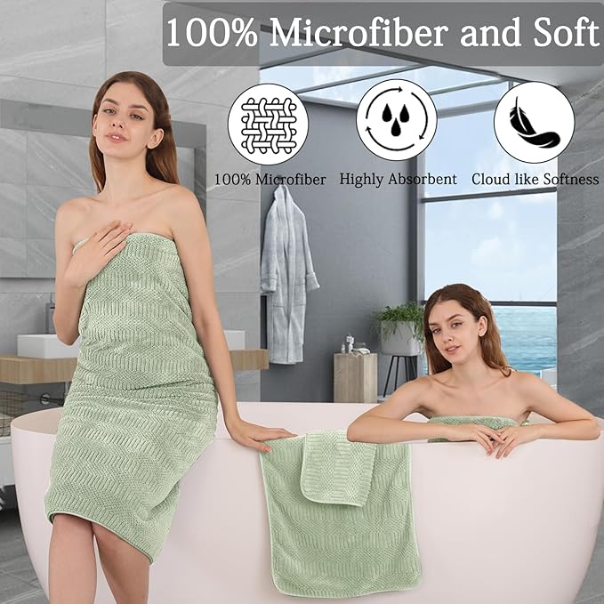 Ycosy 4 Pack Extra Large Microfiber Bath Towels Set,35x70 inches,600GSM,Less Lint Highly Absorbent Super Soft & Quick Dry,Oversized Bath Towels,Perfect for Bathroom Gym Pool,Green