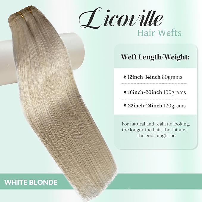 Licoville Weft Hair Extensions Sew in White Blonde Real Human Hair Weft Extension Sew in Bundles 14 Inch 80G Soft Straight Platinum Blonde Hand Tied Weft Hair Extensions Human Hair for Women