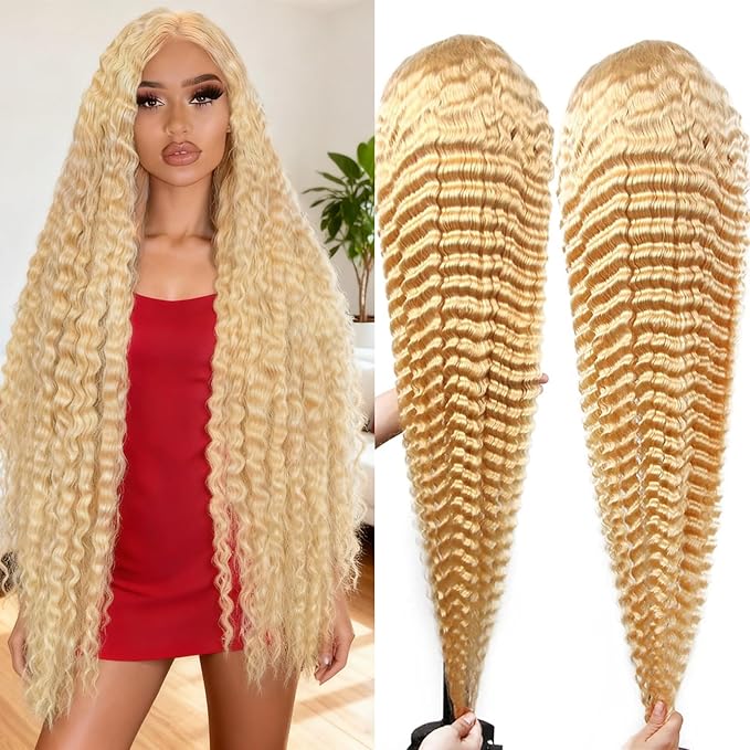 28 Inch Blonde Wig Human Hair Deep Wave 613 Lace Front Wig Human Hair 613 HD Lace Frontal Wig 200% Density Long Blonde Curly Wig Water Wave 613 Wig Pre Plucked With Baby Hair for Women