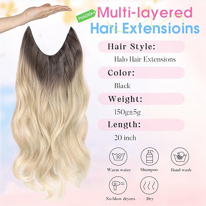 Invisible Wire Hair Extensions Layered Long Wavy Hairpiece for Women Transparent Wire Adjustable Size 6 Secure Clips Invisible Headband Hair Extension Brown to Blonde 20 Inch