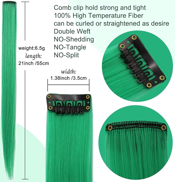 Rhyme 9PCS Green Hairpieces 21inch Colored Hair Extensions Clip in/on for Girls and Women Party Highlight Christmas Wig Pieces Hair Accessories (Green)