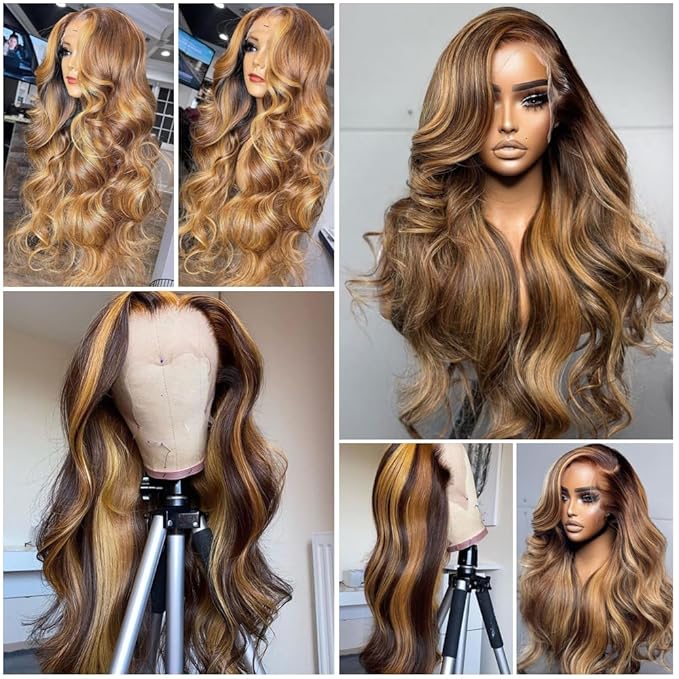 13x6 Body Wave Lace Front Wigs Human Hair Pre Plucked 180% Density 13x6 HD Lace 18 Inch P4/27 Honey Blonde Frontal Wigs Human Hair for Black Women Glueless Ombre Lace Front Wig Human Hair