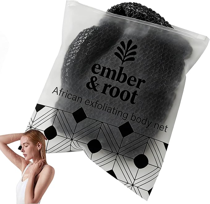 African Exfoliating Body Net Sponge, Ember and Root African Net Sponge, Exfoliating Towel, Gentle Exfoliation, Exfoliating Washcloth Face & Body Scrub Towel for All Skin Types (Black)