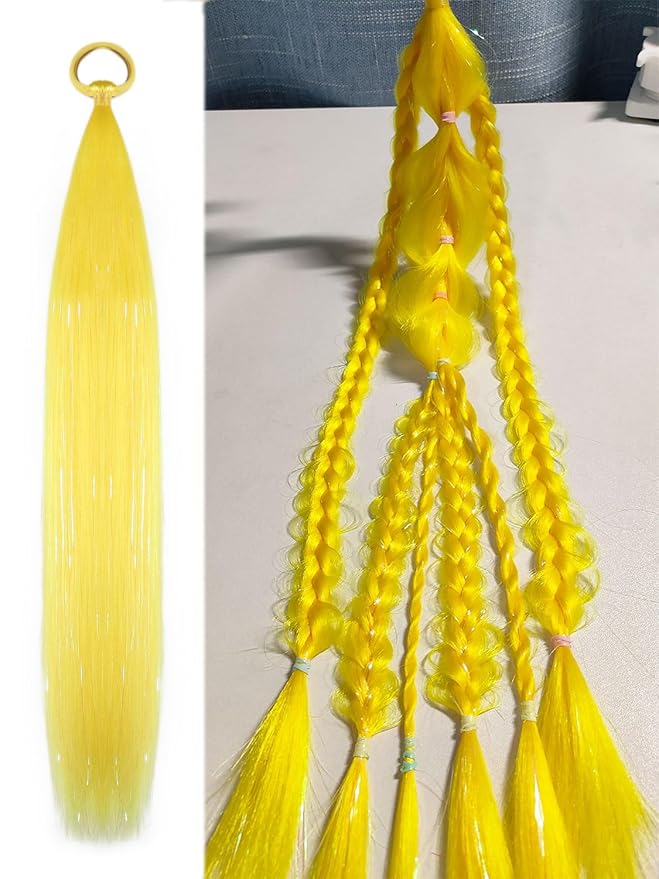 Yellow Hair Extensions for Braids Ponytail Extension 2 Packs, 20 inch Crazy Hair Day Accessories for Women, DIY Festival Wacky Rave Braids,Tinsel Mixed
