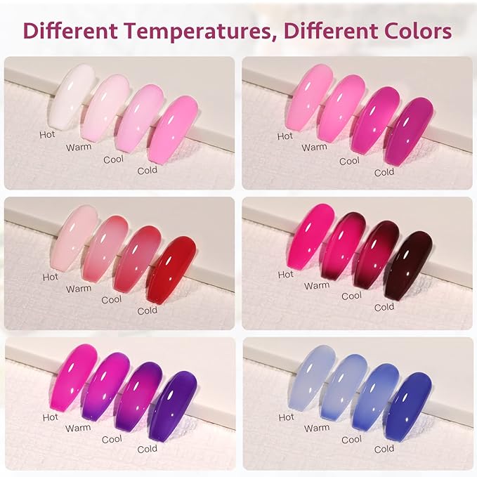GAOY Color Changing Gel Nail Polish Set, 6 Temperature Mood Changing Colors Red Pink Purple, Soak Off UV Light Cure Gel Polish for Salon and Nail Art DIY at Home