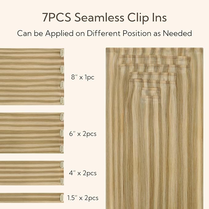 HOTBANANA Seamless Clip in Hair Extensions, 20 Inch 110g 7pcs Light Blonde Highlighted Golden Blonde (Grey Tone) Invisible PU Skin Weft Straight Remy Human Hair Extensions