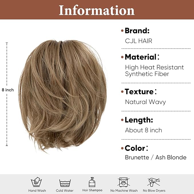 CJL HAIR Claw Clip Short Ponytail Hair Extensions Bendable Metals Messy Bun Hair piece Wavy Curly Fake Hairpieces Brunette/Ash Blonde