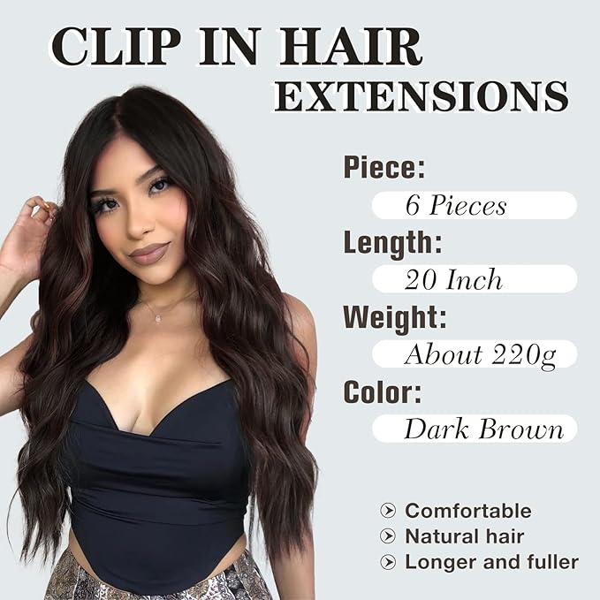 NAYOO Clip in Hair Extensions for Women 20 Inch Long Wavy Curly Dark Brown Hairpieces Full Head Synthetic Hair Hairpieces(6PCS,Dark Brown)