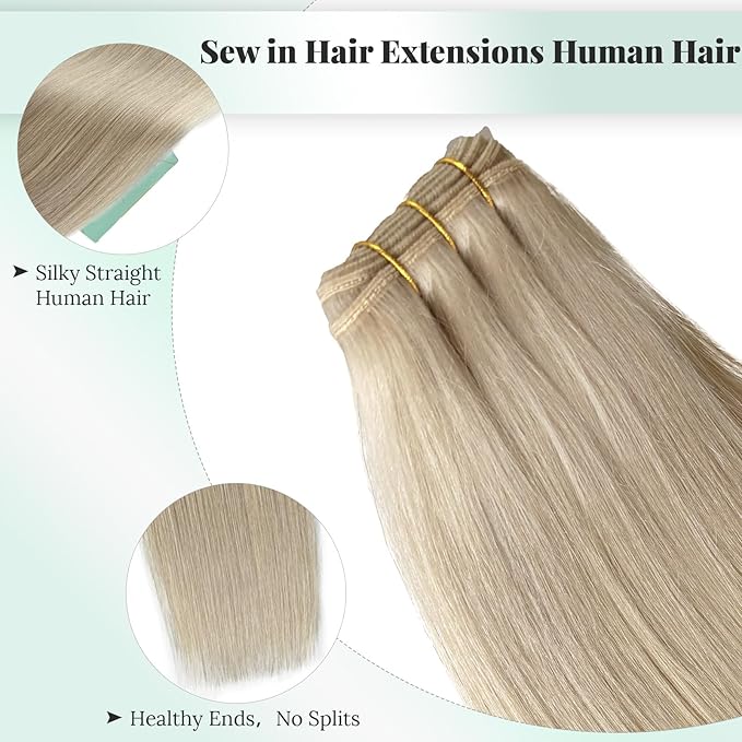 Licoville Weft Hair Extensions Sew in White Blonde Real Human Hair Weft Extension Sew in Bundles 14 Inch 80G Soft Straight Platinum Blonde Hand Tied Weft Hair Extensions Human Hair for Women
