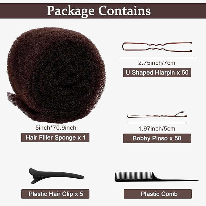 Hair Bumps for Volume Insert, Hair Sponge for Updo - Hair Mesh Filling Padding for Women - Bobby Pins - U Shape Hair Pin, Comb and Plastic Clips, Brown