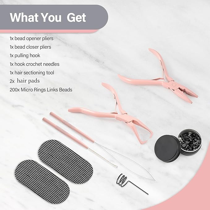 Gomake Microlinks Hair Extensions Kit, Hair Extension Closer and Removal Pliers, Micro Beads Pulling Hook & Microbead Loop Tool, Micro Links Silicone Rings Bead 200PCS (Pink)