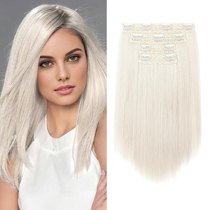 Hair Extensions, 14" Short Clip in Hair Extensions 4PCS Straight Natural Soft Synthetic Hairpiece for Women - Platinum