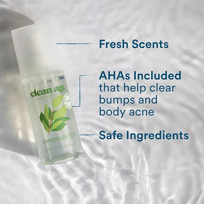 Clean Age- Aluminum Free Deodorant & Body Spray for Whole Body- Sandalwood 4oz- Clean Deodorant and Body Spray for Teen Boys and Girls-With AHA Fights Body Acne-Formula Specific Body Spray for Teens