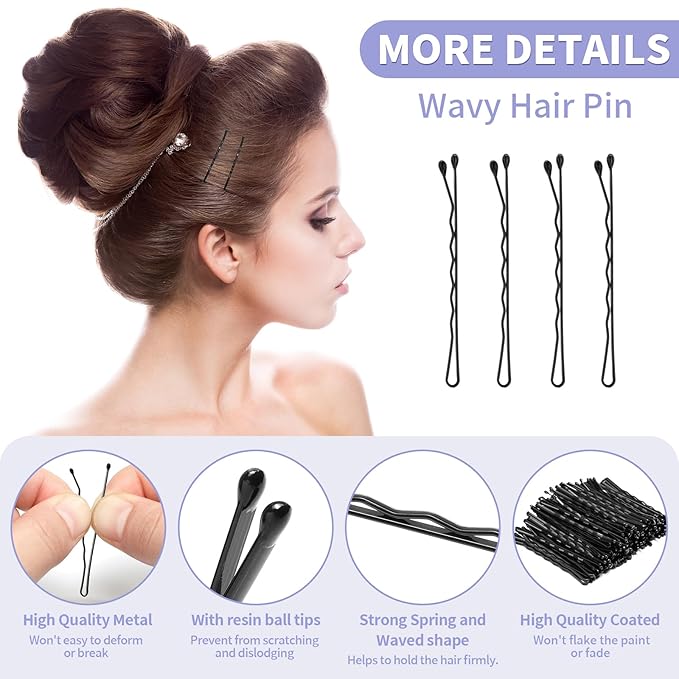 Bobby Pins, Hair Pins 2 Inch 60PCS Crimped Hair Clips for Kids, Girls, and Women, Secure and Easy for All Hair Types, With Ball Tips Design. Hair Accessories for Styling (Black)
