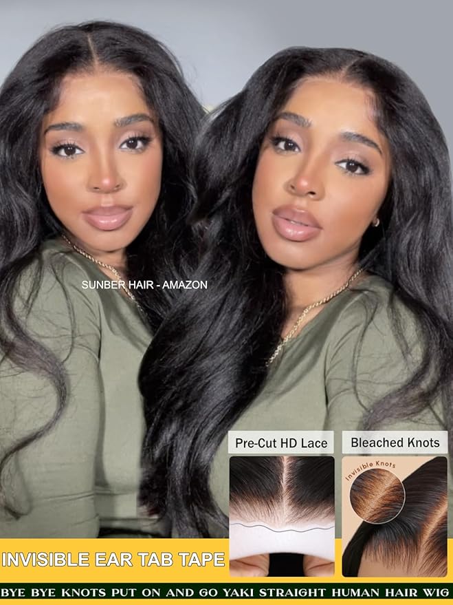 Sunber Yaki Straight Human Hair Wig Pre Cut 7x5 HD Lace Front Wig Bye Bye Knots Pre Plucked Bleached Knots Put On and Go Glueless Yaki Straight Human Hair 180% Density 16Inch Yaki Straight Wigs