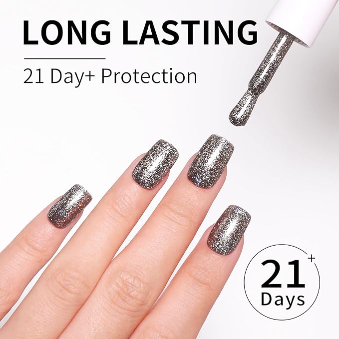 Black Gel Polish Glitter Hema Free 0.34 OZ Same Color Same Top Cover Black Reflective Sparkle UV Polish Christmas Manicure Art DIY