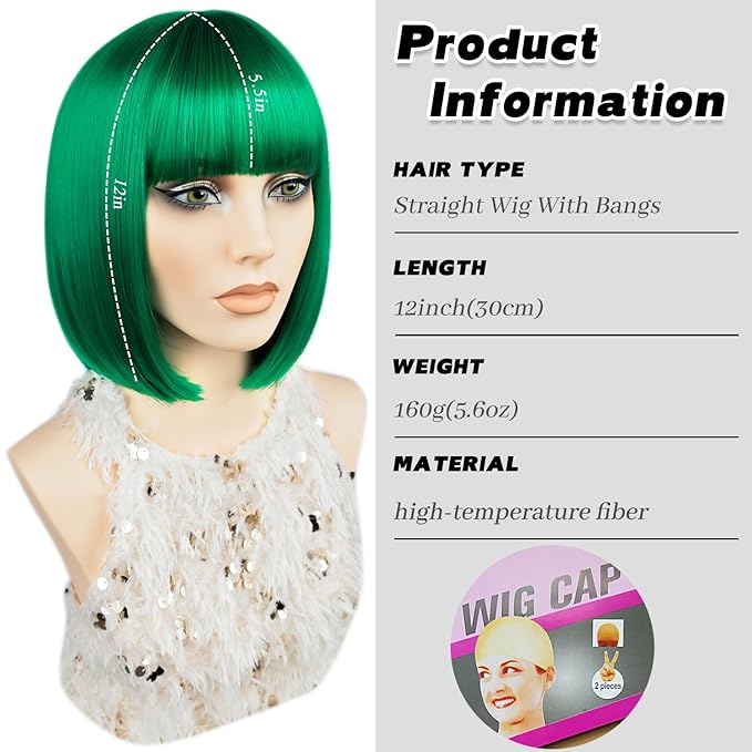 MAYSA Green Wigs with Bangs Short Straight Bob Bangs Wig 12in Synthetic Cosplay Halloween Costume Wig for Women # Green