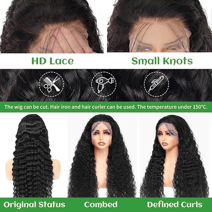 30 Inch Deep Wave Lace Front Wigs Human Hair 200 Density 13x6 HD Lace Front Wigs Human Hair Pre Plucked Brazilian Curly Wig Wet Wavy Glueless Frontal Wigs for Women Natural Black Deep Wave Wig