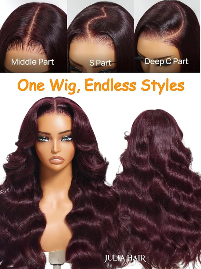Julia Hair Black Cherry Loose Wave Wig 13x4 HD Lace Frontal Pre-Everything Drawstring Wigs Put on and Go Glueless Body Wave with Face Framing Bangs Pre Plucked Pre Cut Bleached Knots for Women 18 Inch
