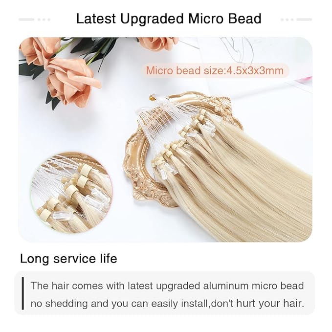 SUYYA Micro Links Hair Extensions Platinum Blonde Micro Loop Human Hair Extensions Straight Microlink Hair Extensions Human Hair 50 Strands 40g/Pack for Women(16 inch #60 Platinum Blonde)