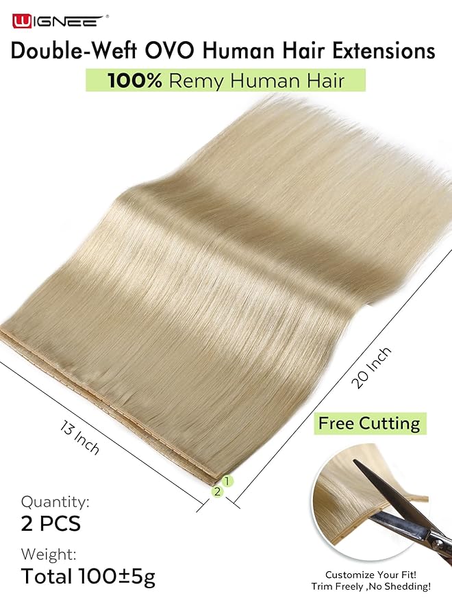 WIGNEE 20 Inch OVO Blonde 613 Human Hair Extensions 2 PCS | Warm Golden Undertones, No Glue Double Layer PU Base | Trimmable & Reusable Hair Wefts for Short/Thin Hair | Salon Quality