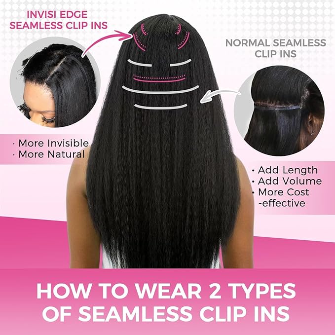Lashey 5pcs Invisi Edge & 4pcs Seamless Clip in Hair Extensions Human Hair, 18 Inch 130g Real Human Hair Extensions Natural Black Kinky Straight Hair