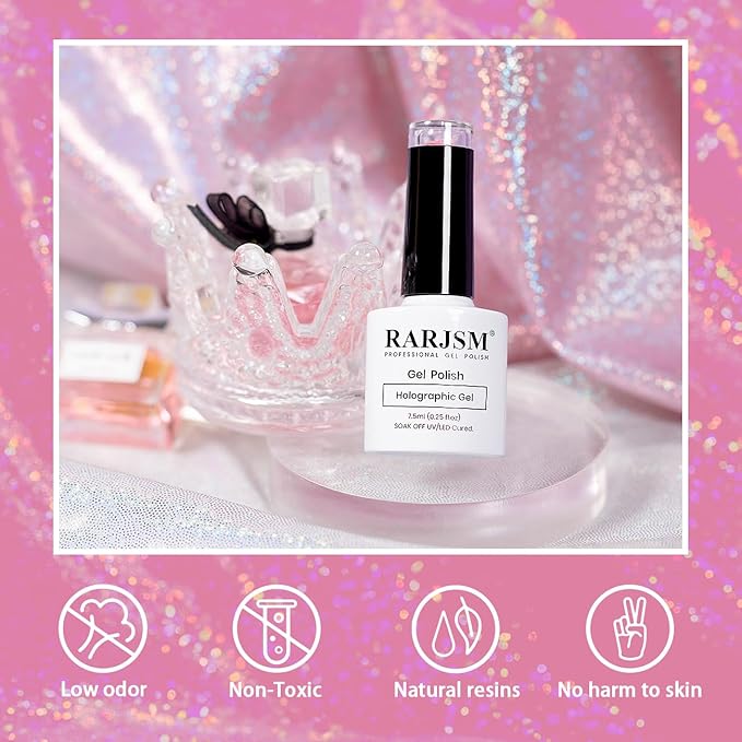 RARJSM Hot Pink Holographic Gel Nail Polish Rainbow Glitter Reflective Iridescent Gel Polish Curing Required Unicorn Mirror Chrome Laser Effect Soak off for Summer DIY Salon Home Manicure 7.5ML