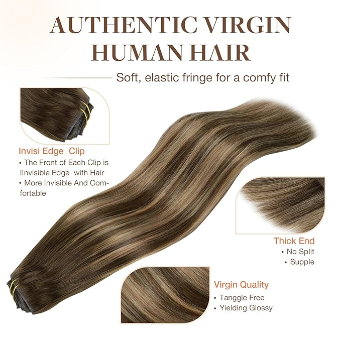 GOO GOO Invisi Edge Clip in Hair Extensions Set, 12inch 85g, 5pcs Injected Seamless PU Clip ins and 2pcs Classical PU Clip ins Virgin Real Human Hair, #(T4/27) P4