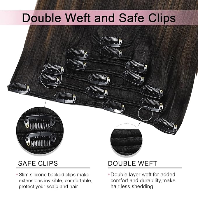 Pro2.0 Clip in Hair Extensions Real Human Hair 120g Thick 7pcs Color #1BT4 Natural Black Fading to Middle Brown Remy Real Human Hair Extensions Clip ins 14inch Double Weft（#1BT4-14inch）