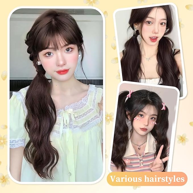 2PCS Curly Ponytail Extension with Hair Tie Hair Natural Wig Elastic Band Wave Fake Ponytail Wigs Accessories for Women Daily 17 Inch (2pcs-brown)