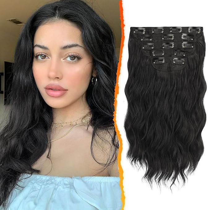 BARSDAR 14 Inch Wavy Clip in Hair Extensions – 5PCS Thick Soft Synthetic Hairpieces – Natural Black Full Head Clip in Hair Extensions for Women – Long Voluminous Easy Wear for Daily Party Halloween