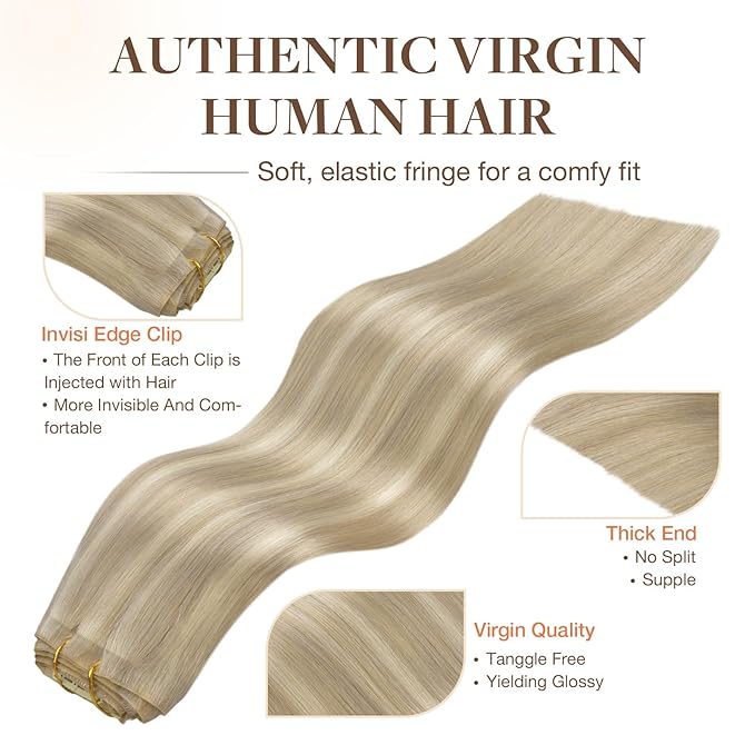 GOO GOO Invisi Edge Clip in Hair Extensions 22inch 160g 7Pcs Injected Seamless PU Clip in Hair Extensions, Virgin Real Human Hair,17A/60A Ash Blonde Highlighted Platinum Blonde