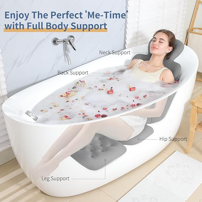 Bath Cushion, Full Body Bathtub Pillow with 160 Suction Cups, Bath Mat for Head and Neck Support, with Laundry Bag (Dark Gray, 51.2" x 16.2")