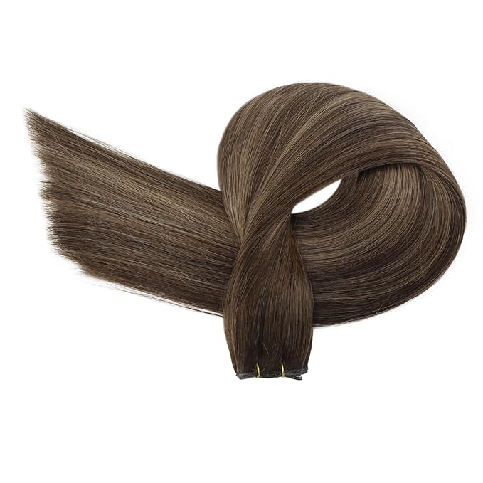 Fshine Genius Weft Hair Extensions Brown Balayage Human Hair 18 inch Sew in Dark Brown to Light Brown and Medium Brown Genius Weft Full Head 50 Grams