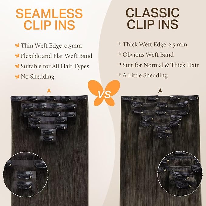 DOORES Human Hair Clip in Extensions - Mocha Brown, 22 Inch, 7pcs 110g - Seamless Remy Hair With Invisi Edge, Skin Weft Straight Hair