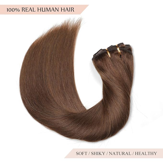 Sisily Clip in Hair Extensions Real Human Hair, 16 inch 140g, Chocolate Brown, 100% Brazilian Remy Human Hair Clip in Extensions Soft Straight 7pcs Per Set with 16 Clips Double Weft