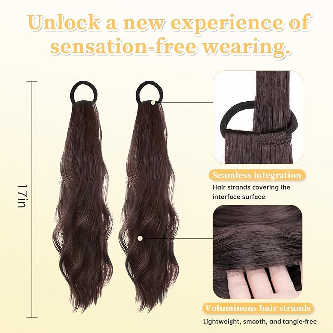 2PCS Curly Ponytail Extension with Hair Tie Hair Natural Wig Elastic Band Wave Fake Ponytail Wigs Accessories for Women Daily 17 Inch (2pcs-brown)