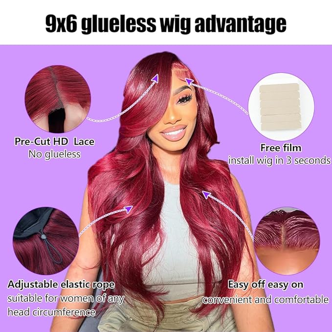 CHEETAHBEAUTY 9x6 Glueless Wigs Human Hair Pre Plucked Pre Cut 18 Inch Straight 99j Burgundy Lace Front Wigs Human Hair for Women 9x6 HD Lace Glueless Wig with Elastic Drawstring 220% Density