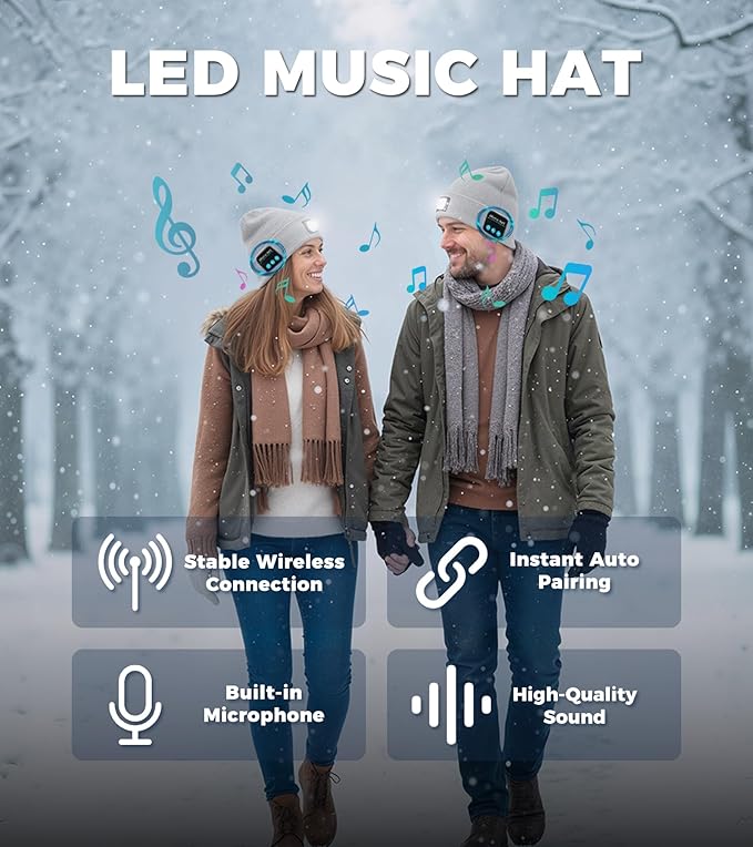 Bluetooth Beanie Hat, USB Rechargeable 4 LED Wireless Music Running Headlamp Cap, Gifts for Christmas, Stocking Stuffer & White Elephant Gifts for Men, Women, Him, Her, Teen Boys, Dad