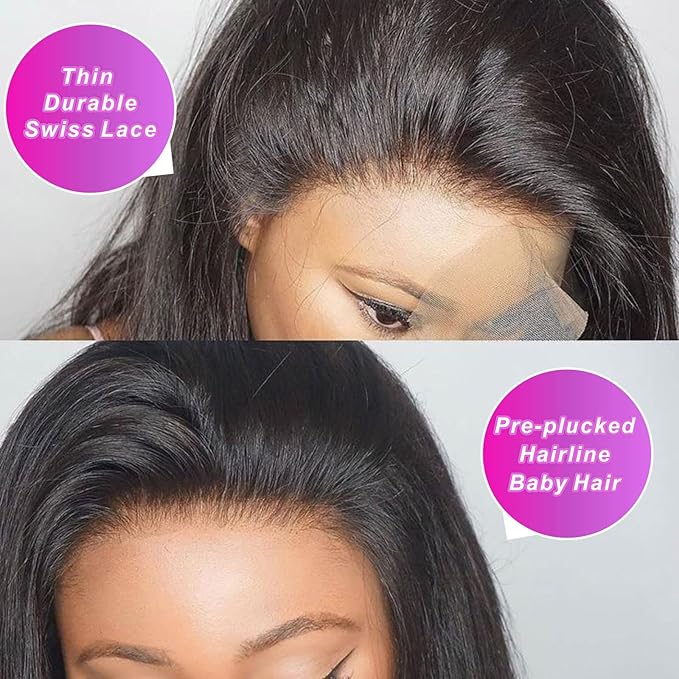 Aicrelery 34 Inch 13x6 HD Lace Front Wigs Human Hair Body Wave 13x6 Lace Frontal Wig Pre Plucked Bleached Knots With Baby Hair 180 Density Brazilian Human Hair Wigs for Women Natural Black