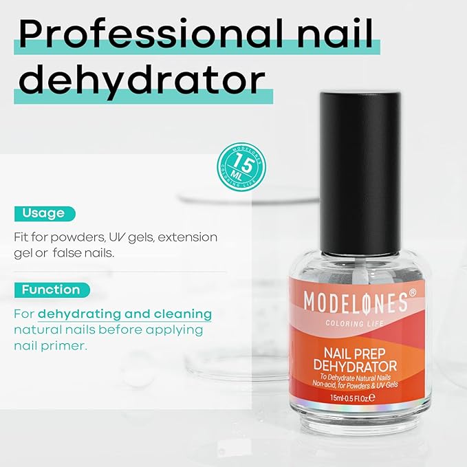 modelones Nail Dehydrator, 15 ml Acid Free Nail Prep Dehydrator for Acrylic Nails and Gel Nail Polish, Hema-Free Primer Bonder