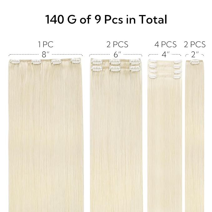 HOTBANANA Clip in Hair Extensions Real Human Hair, 150g 9pcs 20 inch Ivory Blonde Straight Remy Clip in Extensions Full Head for Women