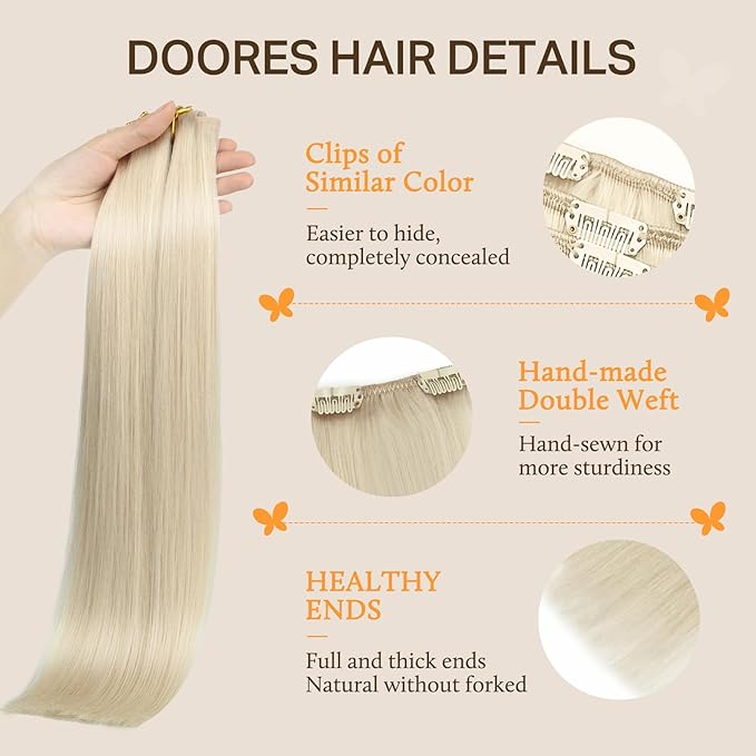 DOORES Clip in Hair Extensions Human Hair Platinum Blonde 18 Inch 120g 7pcs Remy Human Hair Extensions Clip in Real Natural Hair Straight