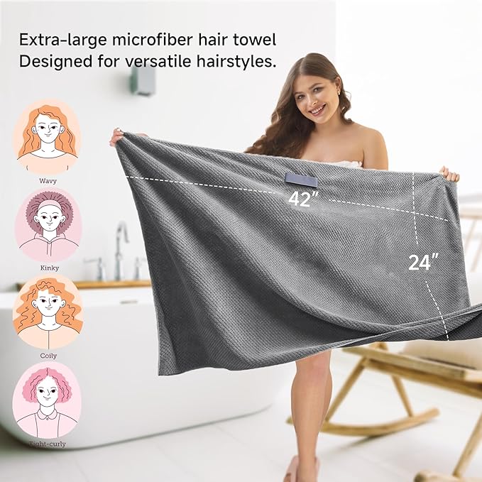 Large Microfiber Hair Towel for Women,Super Soft Anti Frizz & Quick Dry for Curly Hair,Ultra Absorbent Hair Wrap Towels for Long,Thick,Wet Hair 24x42 Inches (Grey)