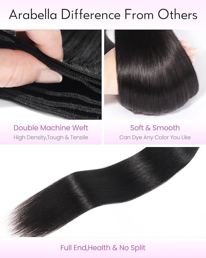 Arabella 3 Straight Human Hair Bundles 24 26 28 Inch Natural Black 100% Unprocessed Brazilian Virgin Hair 12A Weave Sew in Double Weft
