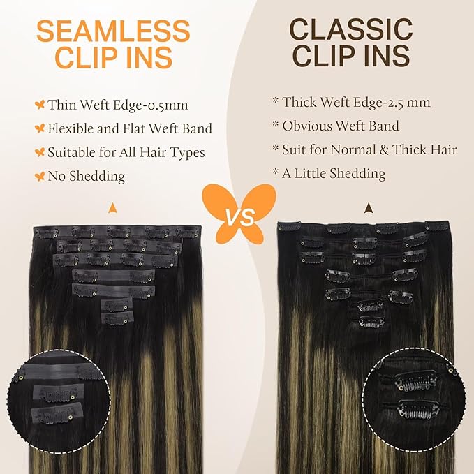 DOORES Seamless Clip-in Hair Extensions, Real Human Hair, Natural Black & Mixed Chestnut Brown, 110g, 7pcs, 20 Inch Straight, Invisi Edge