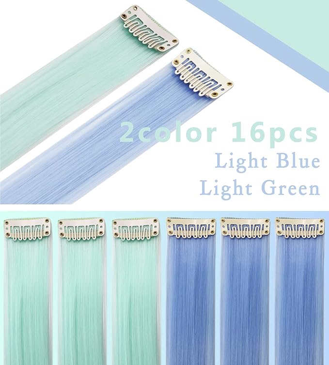 Rhyme 21" 16 PCS Light Green Sky Blue Hair Ins Colored Clip in Hair Extensions Straight Fashion Hairpieces for Party Highlights Girls Hair Accessories (Light green,Light blue)
