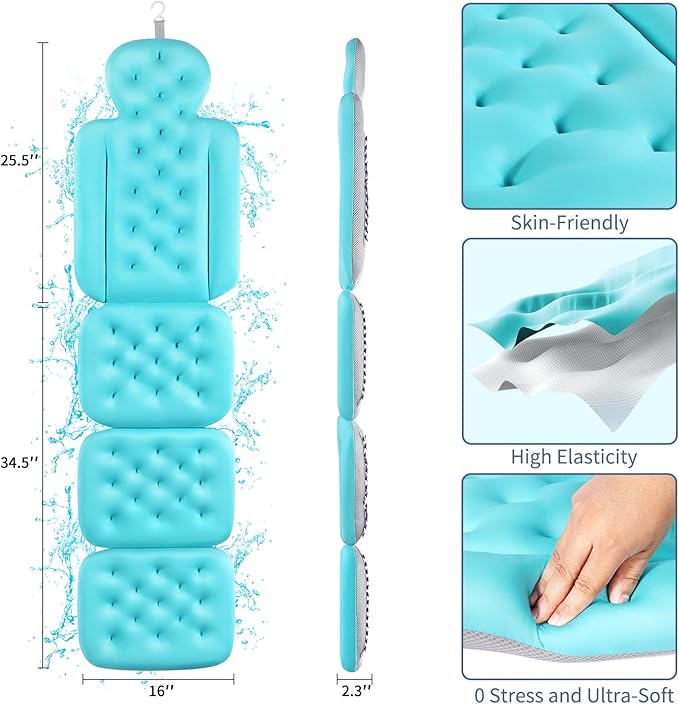 Luxury Bath Cushion, Full Body Bathtub Pillow with 160 Suction Cups, Bath Mat for Head and Neck Support, with Laundry Bag (Blue, 60.2" x 16.2")