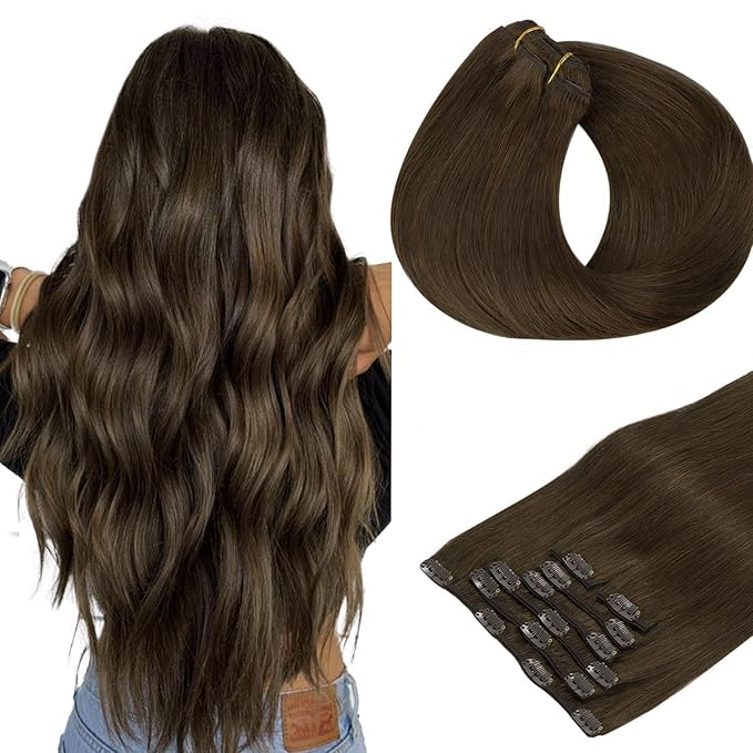 HOTBANANA Human Hair Clip in Hair Extensions, Chocolate Brown 120g Clip in Hair Extensions Real Human Hair Straight Remy Hair 20 Inch 7pcs